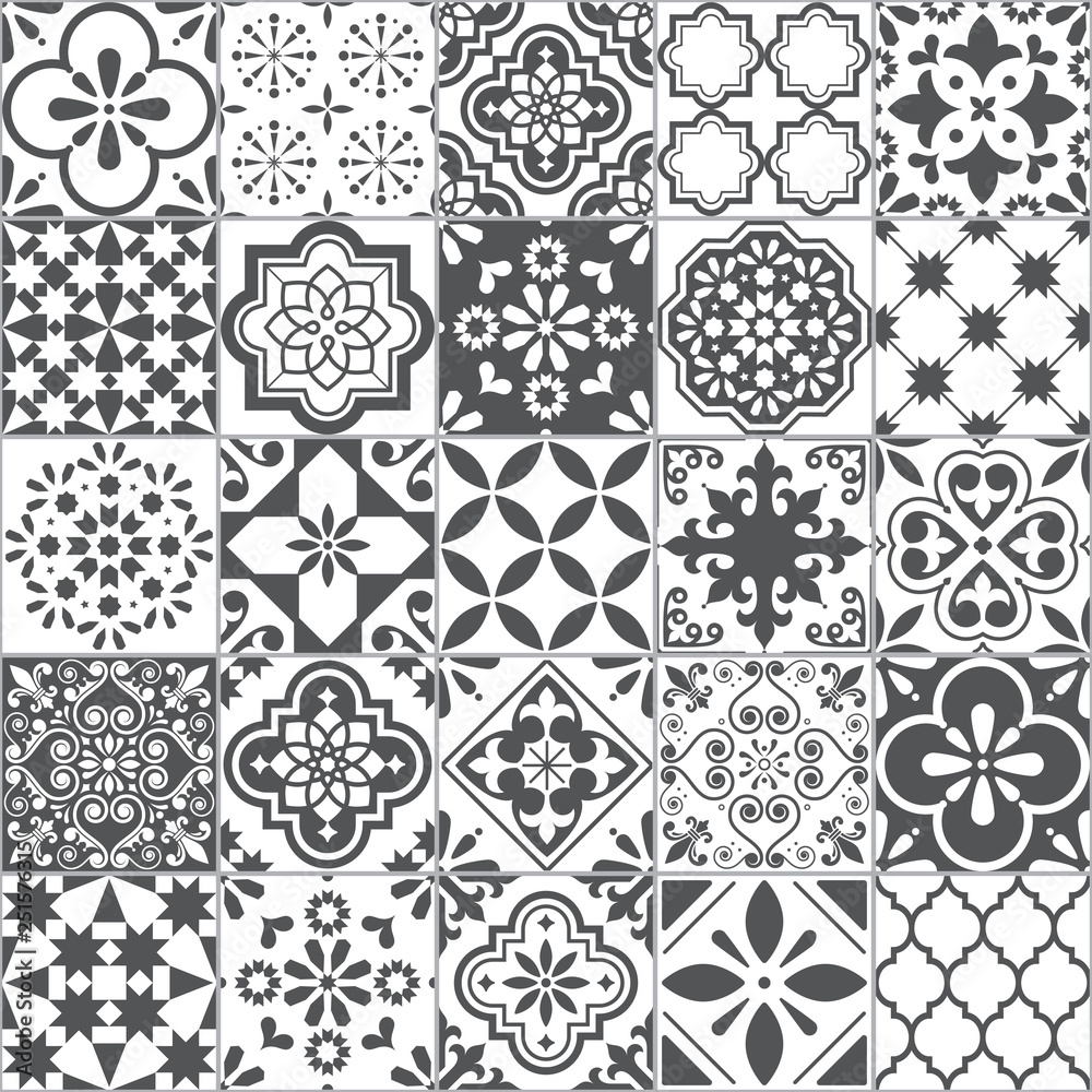 Lisbon geometric Azulejo tile vector pattern, Portuguese or Spanish retro old tiles mosaic, Mediterranean seamless gray and white design 	 - obrazy, fototapety, plakaty 