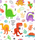 Fototapeta Dinusie - Seamless pattern with dinosaurs and flowers
