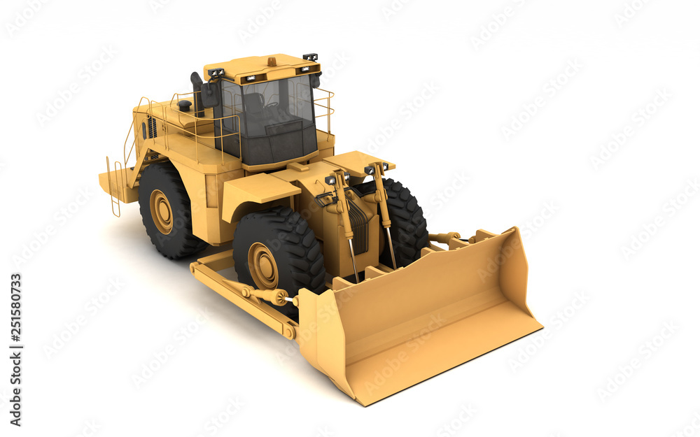 High angle view on powerful yellow hydraulic wheel bulldozer isolated ...