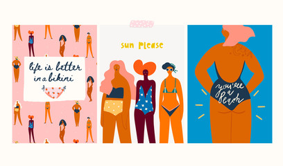 Sun-tanned girls dressed in trendy swimsuits standing in various poses. Set of three hand drawn colored vector illustrations. Every illustration is isolated