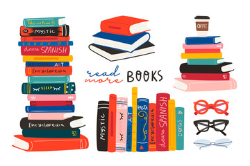 world book day. stack of books, glasses, vertical books and coffee isolated on a white background. s
