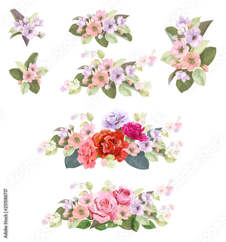Set of bouquets: roses, spring blossom, carnations. Borders with red, mauve, ...