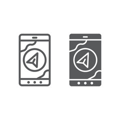 Aufkleber - Navigation line and glyph icon, gps and location, arrow on phone screen sign, vector graphics, a linear pattern on a white background.