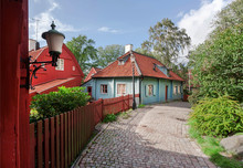 Old Wooden Houses On Narrow Historical Street In Scandinavian City. Colorful Countryside Of Gothenburg, Sweden