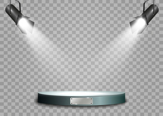  The spotlight shines on the stage.Llight from a lamp or spotlight. Lighted scene. Podium under the spotlight.