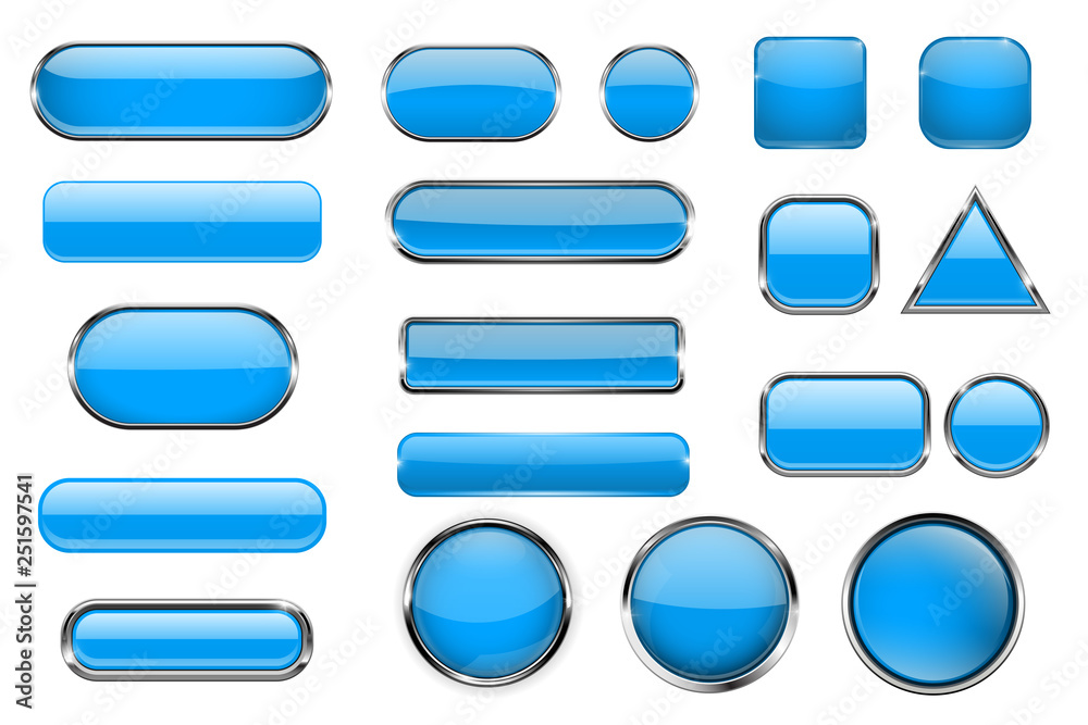 Blue glass buttons. Collection of 3d icons - obrazy, fototapety, plakaty 