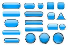 Blue Glass Buttons. Collection Of 3d Icons