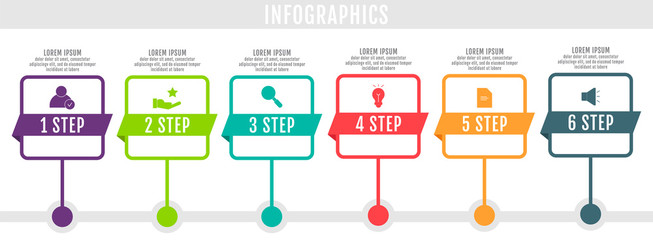 Modern and simple flat vector illustration. Infographic template with six dots, elements, squares, percentages. Designed for business, presentations, web design, interface 6 step diagrams