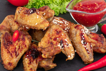 Wall Mural - Baked chicken wings with sesame seeds and sweet chili sauce on dark background