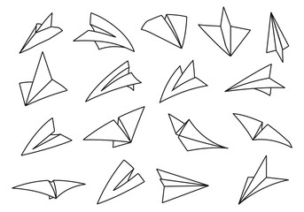 Set of paper airplanes. Origami, different view of flying plane in the air. Thin line vector illustration 