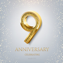 9th Anniversary Celebrating Golden Text And Confetti On Light Blue Background. Vector Celebration 9 Anniversary Event Template.