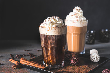 Black and white coffee cocktails with cream