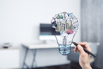 Aufkleber - Hand drawing business idea concept on office background.