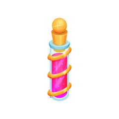 Canvas Print - Potion in cylindrical glass bottle with golden lid. Bright pink liquid. Magic love elixir. Flat vector icon