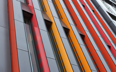 modern architecture building in stockholm with colorful abstract facade