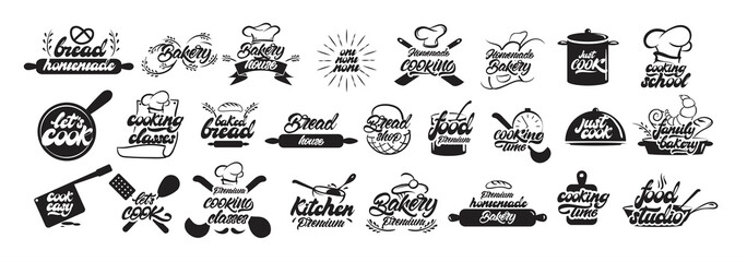 Big set of cooking and bakery logos in lettering style. Bread emblems. Cook, chef, kitchen utensils icon or logo. Handwritten lettering vector illustration - Vector