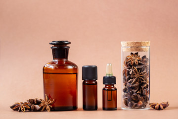 Anise aromatherapy essential oil in bottles and anise stars 