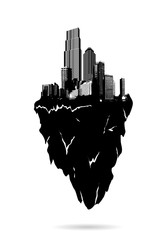 Wall Mural - Floating isolated island with black and white skyscrapers.