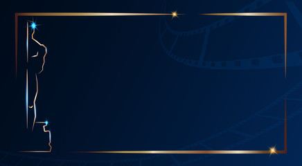 golden statuette academy award isolated on dark blue background with gold frame. gold silhouette sta