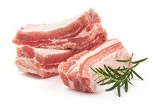 Raw Meat Ribs With Rosemary, Close-up, Isolated On White Background