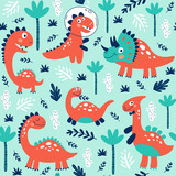 Fototapeta Dinusie - Seamless pattern with cute dinosaurs for children print. Vector
