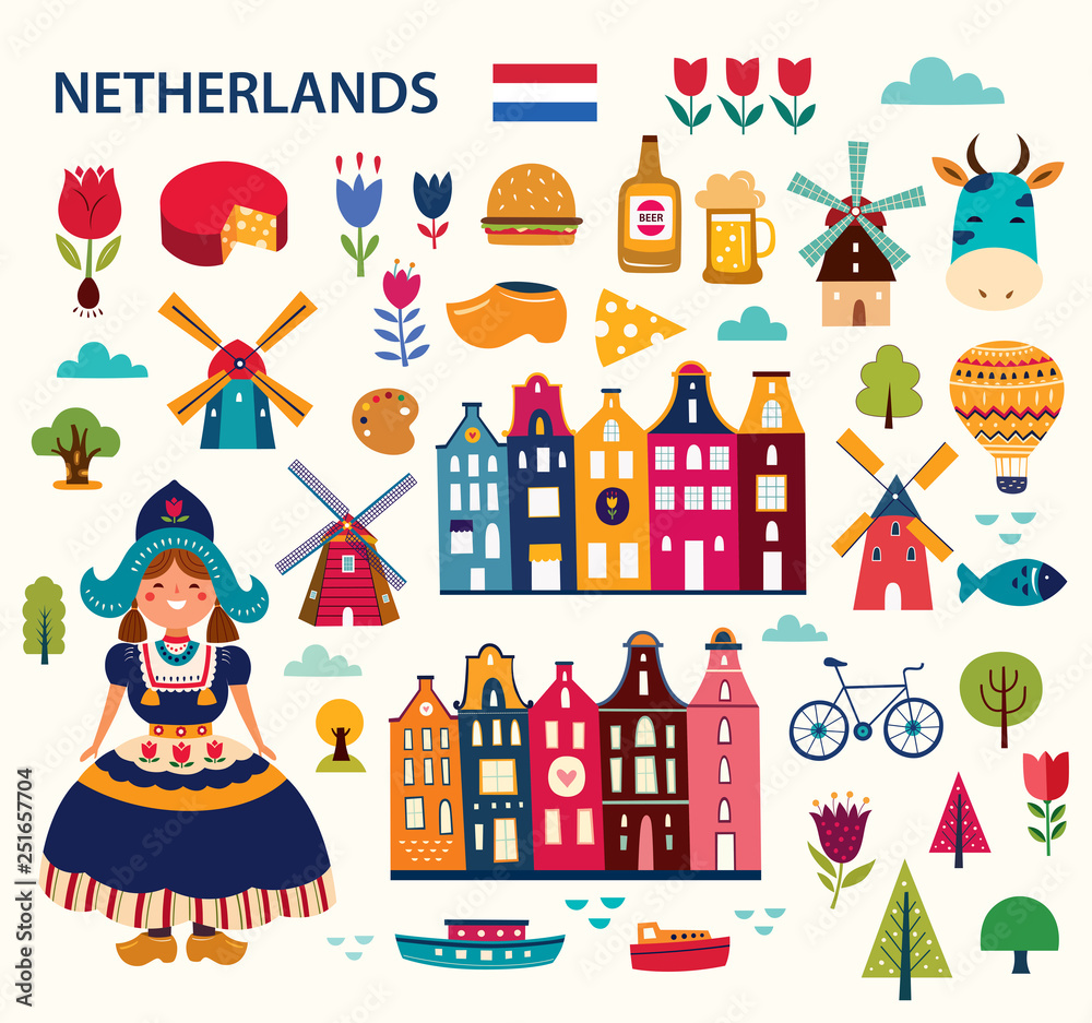 Vector illustration in cartoon style with symbols of Netherlands - obrazy, fototapety, plakaty 
