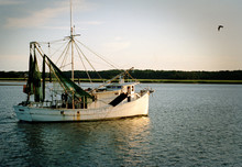Fishing Trawler In A River At Sunset.