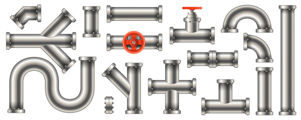 creative vector illustration of steel metal water, oil, gas pipeline, pipes sewage isolated on trans
