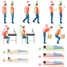 Good Posture. Correct And Incorrect Human Poses. Neutral Spine. Man Standing, Walking, Looking At A Smartphone, Sitting At A Computer, Lifting Object, Lying On Back And On Side. Vector Illustration