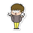 © lineartestpilot - sticker of a cartoon exhausted boy shrugging shoulders