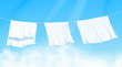 White sheets dried on a rope on the wind. Realistic vector illustration with blue sky and sunshine on background.