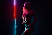 Pole Dance Girl With Perfect Body In Black Sexy Lingerie. Night Club Concept