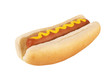 Close up on hot dog with mustard on top, isolated on white background. Cut out.