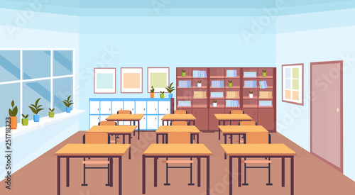 Cuadros en Lienzo modern school classroom interior book shelf desks and chairs empty no people hor