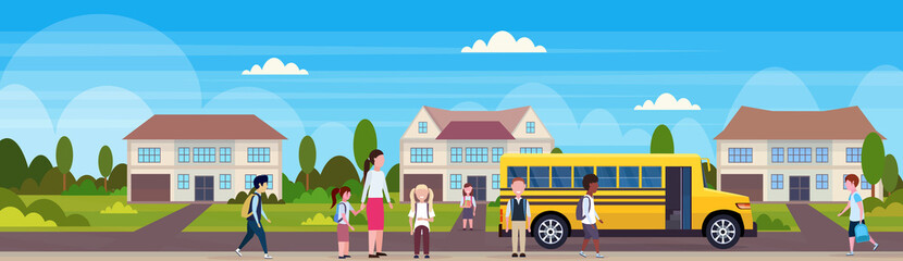 Wall Mural - teacher with mix race pupils walking in yellow school bus pupils transport concept residential suburban street landscape background flat horizontal banner full length