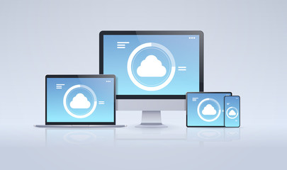 Poster - internet connection mobile and computer application cloud synchronization tablet smartphone pc screen digital network technology concept gray background