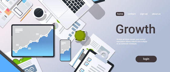Poster - analysis financial graph finance business chart growth concept top angle view desktop laptop smartphone tablet screen paper report office stuff horizontal copy space