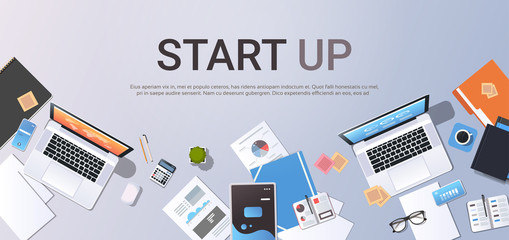 Poster - startup concept new business plan creative innovation top angle view desktop laptop smartphone table