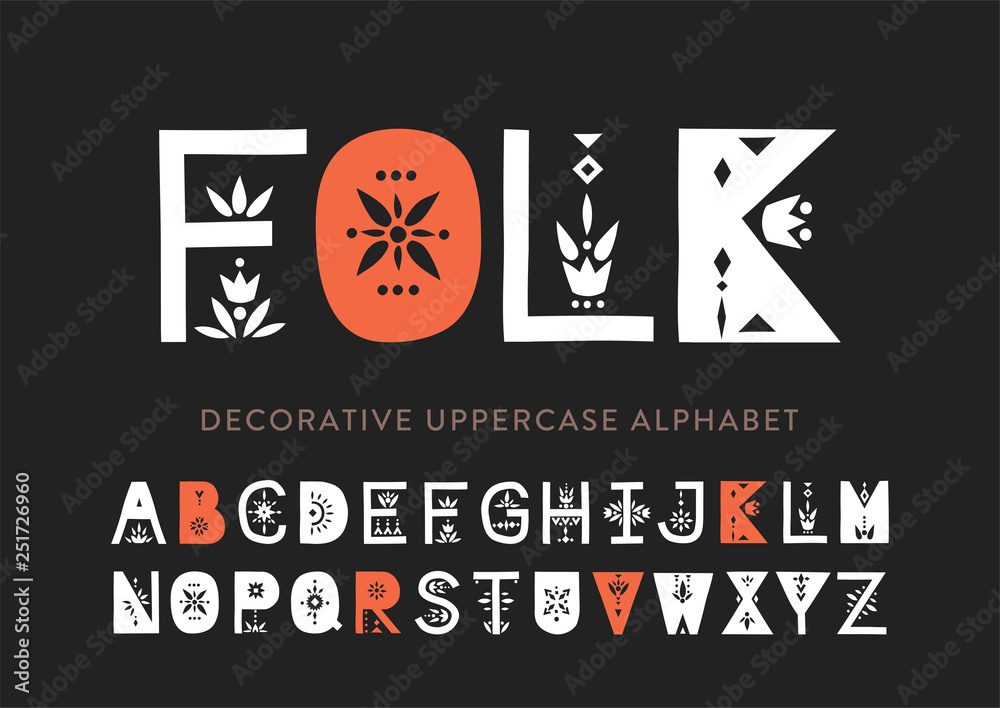 Vector display uppercase alphabet decorated with geometric folk patterns - obrazy, fototapety, plakaty 