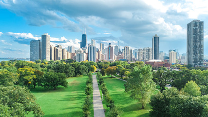 Wall Mural - Chicago skyline aerial drone view from above, lake Michigan and city of Chicago downtown skyscrapers cityscape bird's view from Lincoln park, Illinois, USA