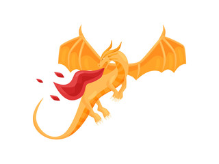 Canvas Print - Big orange dragon breathing red fire. Mythical monster with large wings. Fantastic creature. Flat vector design