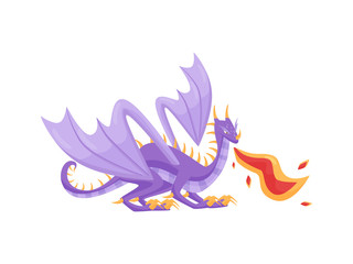 Canvas Print - Large purple dragon breathing hot fire, side view. Mythical creature with big wings and long tail. Flat vector design