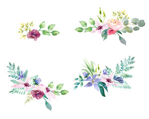  Collection spring Wedding romanric watercolor bouquet. Hand drawing watercolor blue pink and purple flowers ornament