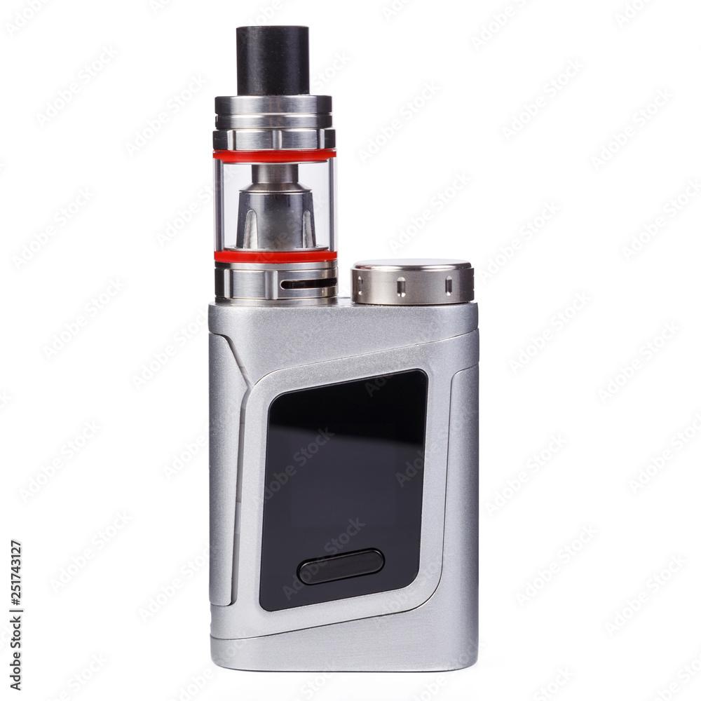 Photo Stock Vaping device, electronic cigarette, nicotine free vape isolated on the white background. Vapor box mod tank with vaping liquid. Smoke addiction quit equipment | Adobe Stock Photo Stock Vaping device, electronic cigarette, nicotine free vape isolated on the white background. Vapor box mod tank with vaping liquid. Smoke addiction quit equipment | Adobe Stock