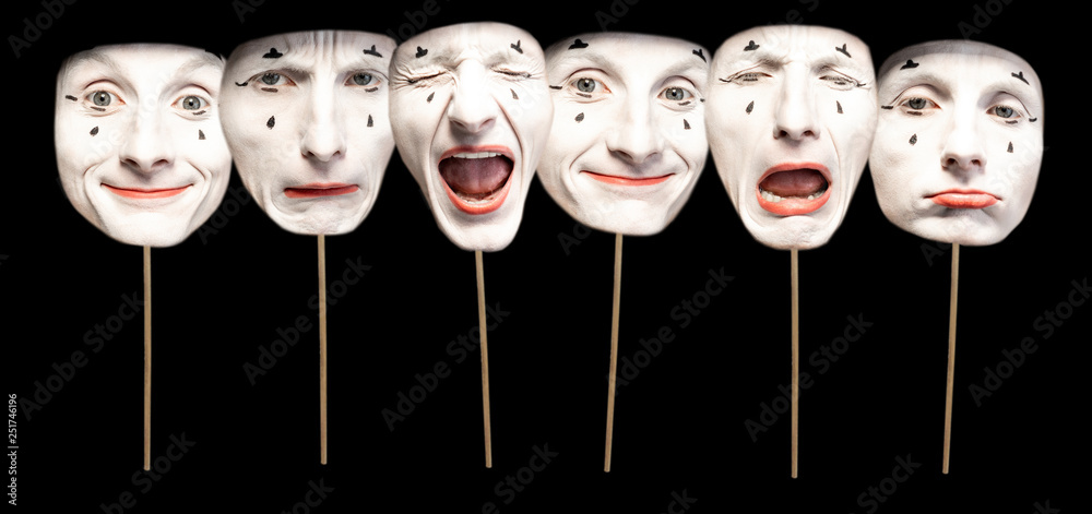 Masks with different emotions of pantomime on the black background - obrazy, fototapety, plakaty 