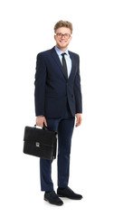 Wall Mural - Handsome businessman with stylish briefcase on white background