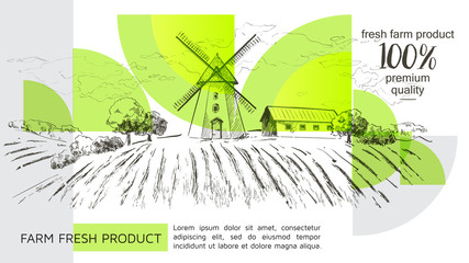 Wall Mural - Rural dutch landscape with windmill and wheat field. Set of traditional windmill. Bakery shop, organic agricultural production, ecological food. Vector hand drawn vintage engraved sketch. - Vector