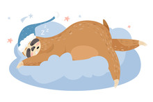 Cute Cartoon Sloth Sleeping On A Cloud. Animal Wearing Nightcap. Funny Animal Cartoon Character Vector Illustration.