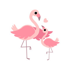 Canvas Print - Beautiful Mother Flamingo and Its Baby, Cute Exotic Birds Family Vector Illustration