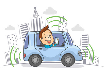 Wall Mural - Self Driving Car Drive Man Illustration